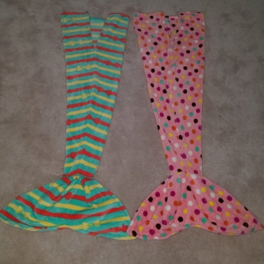 2 Mermaid Tail Blankets Pink Polka Dots Green Fleece Child Girl Small Handmade